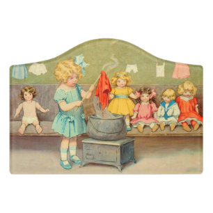 Dolly Laundry Girl Vintage Playing Dolls Cute Door Sign