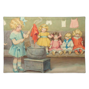 Dolly Laundry Girl Vintage Playing Dolls Cute Placemat