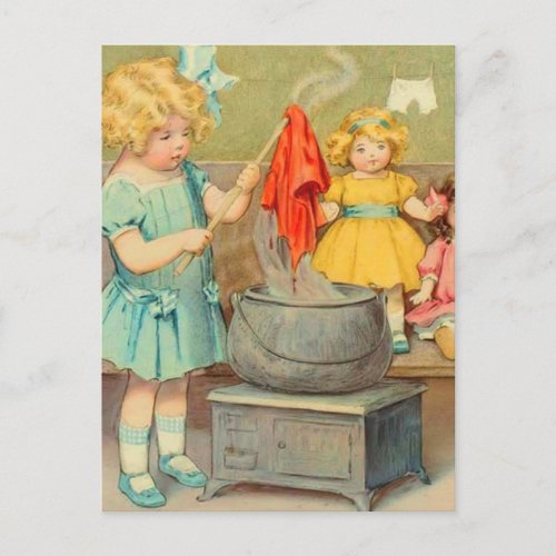 Dolly Laundry Girl Vintage Playing Dolls Cute Postcard