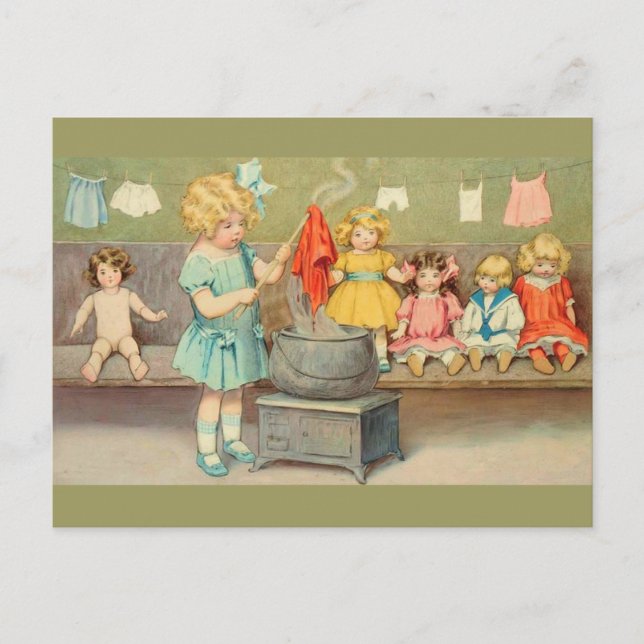 Dolly Laundry Girl Vintage Playing Dolls Cute Postcard (Front)