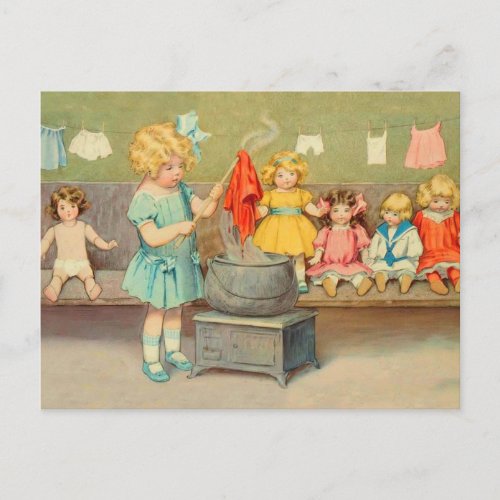 Dolly Laundry Girl Vintage Playing Dolls Cute Postcard