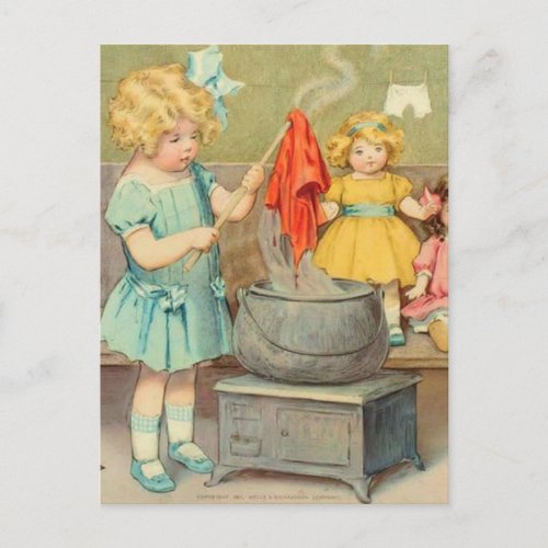 Dolly Laundry Girl Vintage Playing Dolls Cute Postcard