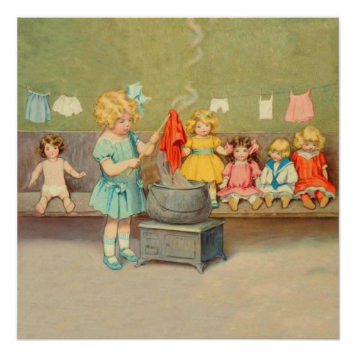 Dolly Laundry Girl Vintage Playing Dolls Cute Poster