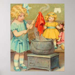 Dolly Laundry Girl Vintage Playing Dolls Cute Poster