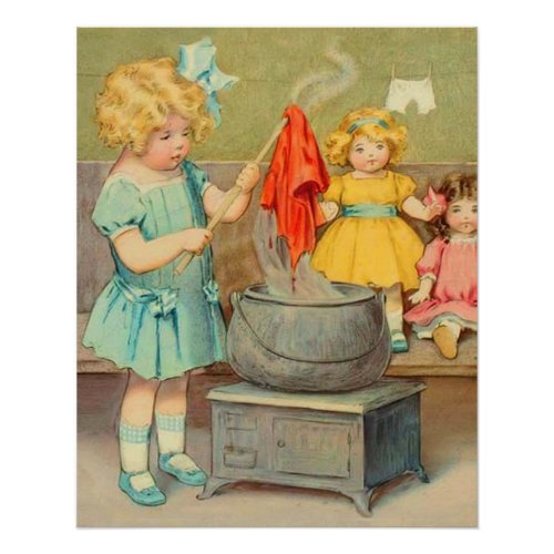 Dolly Laundry Girl Vintage Playing Dolls Cute Poster