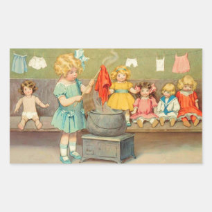 Dolly Laundry Girl Vintage Playing Dolls Cute Rectangular Sticker