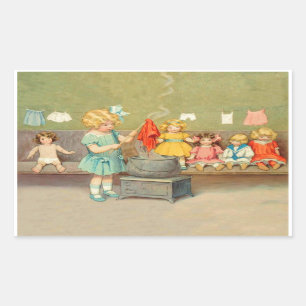 Dolly Laundry Girl Vintage Playing Dolls Cute Rectangular Sticker