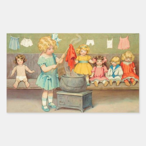 Dolly Laundry Girl Vintage Playing Dolls Cute Rectangular Sticker