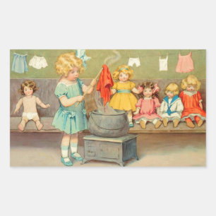 Dolly Laundry Girl Vintage Playing Dolls Cute Rectangular Sticker