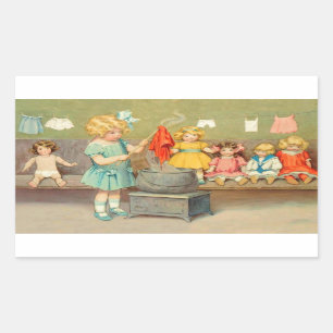 Dolly Laundry Girl Vintage Playing Dolls Cute Rectangular Sticker
