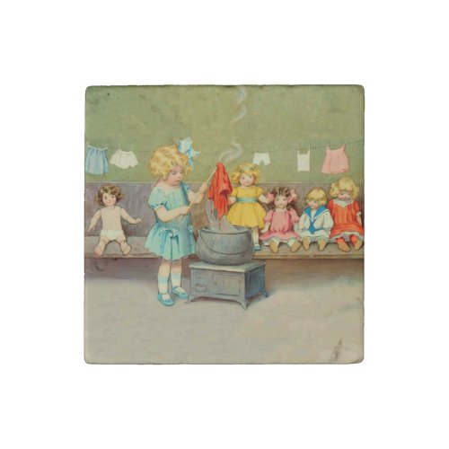 Dolly Laundry Girl Vintage Playing Dolls Cute Stone Magnet