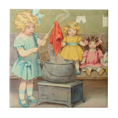 Dolly Laundry Girl Vintage Playing Dolls Cute Tile