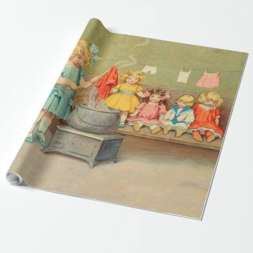 Dolly Laundry Girl Vintage Playing Dolls Cute Wrapping Paper