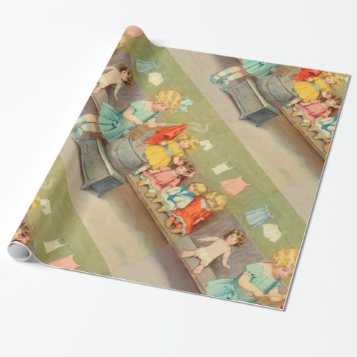 Dolly Laundry Girl Vintage Playing Dolls Cute Wrapping Paper