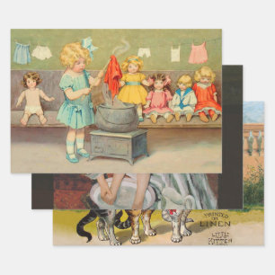 Dolly Laundry Girl Vintage Playing Dolls Cute Wrapping Paper Sheets