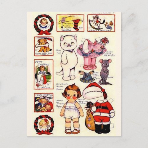 DollyDingle Kitty Paper Dolls Vintage Christmas Holiday Postcard