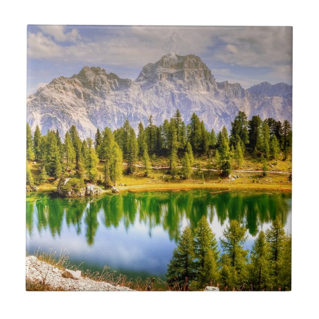 Dolomite Mountains and Lake Stunning Landscape Ceramic Tile (Front)