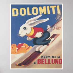 Dolomites Italy Ski Bunny Vintage Travel Ski Poster