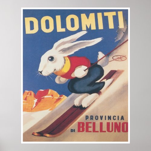 Dolomites Italy Ski Bunny Vintage Travel Ski Poster