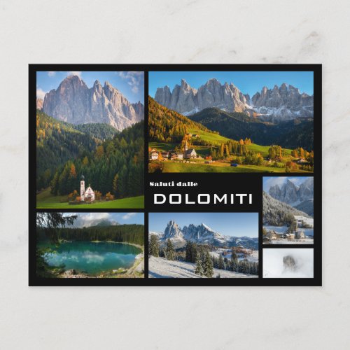 Dolomites mountain photo collage black text postcard
