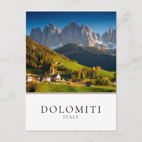 Dolomites mountain village in fall postcard