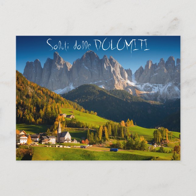 Dolomites village in fall italian postcard (Front)