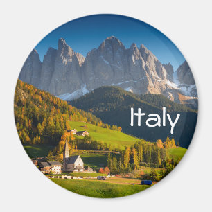 Dolomites village in fall magnet with text