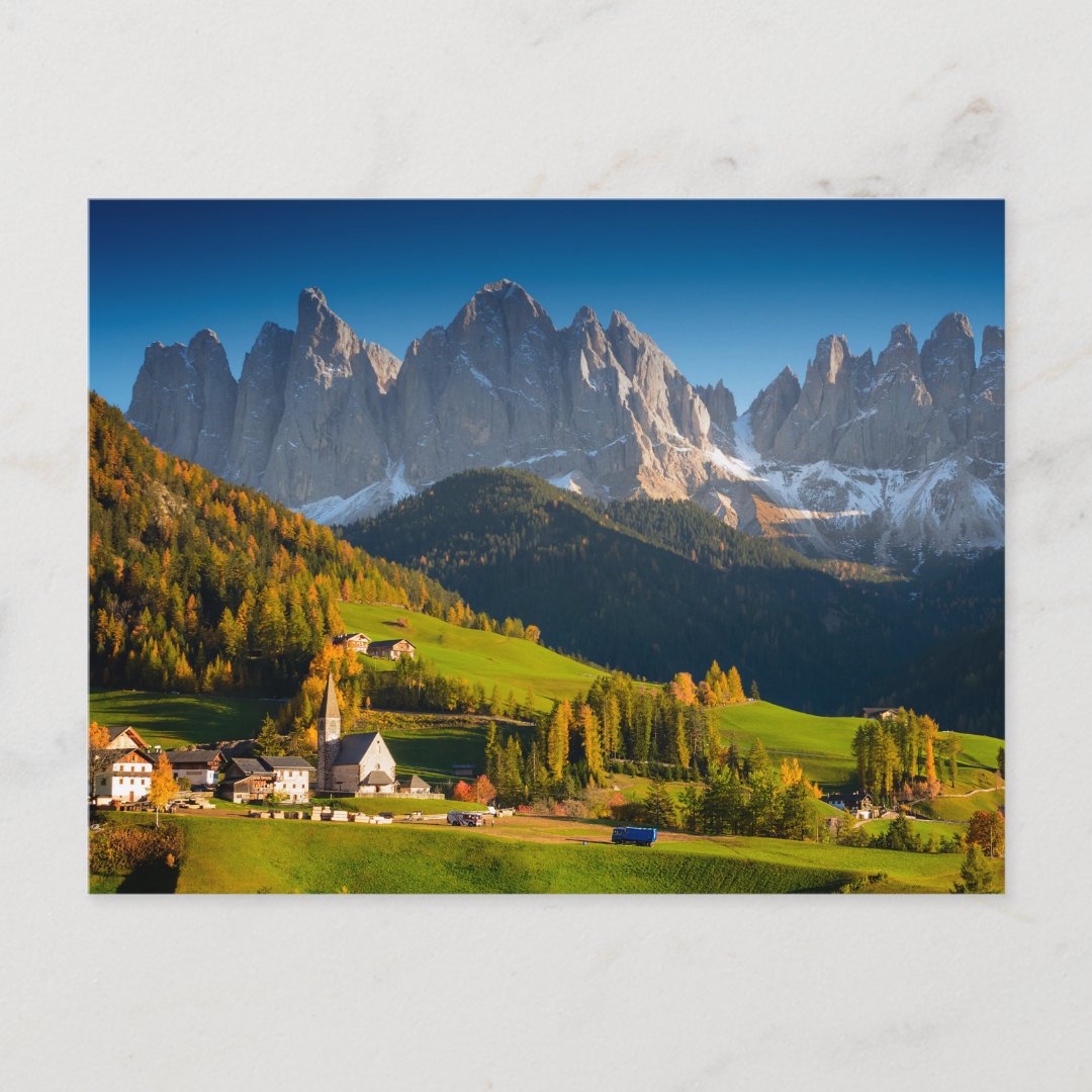 Dolomites village in fall postcard | Zazzle