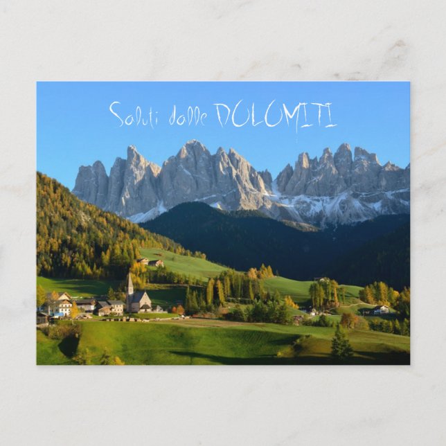 Dolomites village in fall 'saluti' postcard (Front)