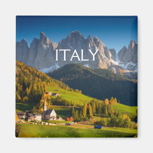 Dolomites village in fall square text magnet