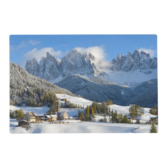 Dolomites village in the snow in winter placemat (Front)