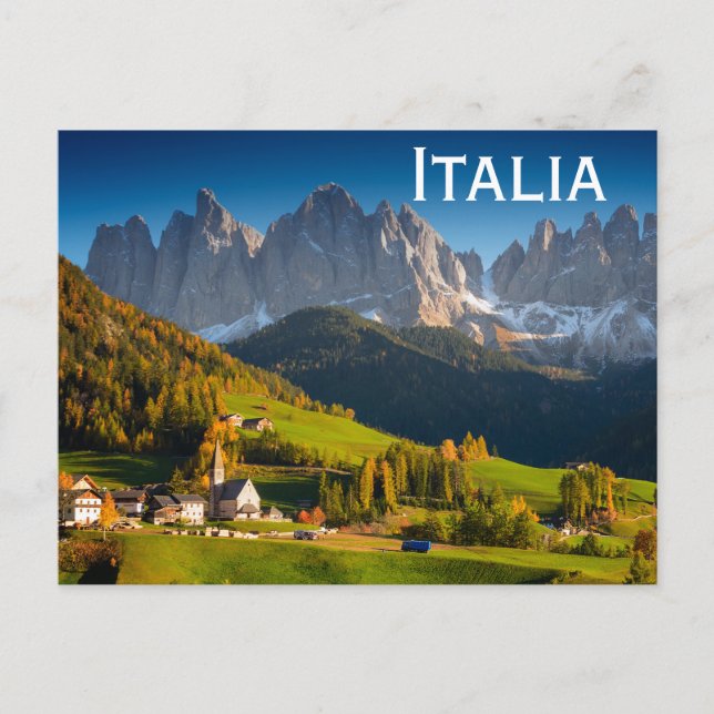 Dolomites village postcard with text 'Italia' (Front)