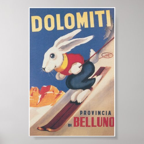 Dolomiti Italy Ski Bunny Vintage Travel Poster