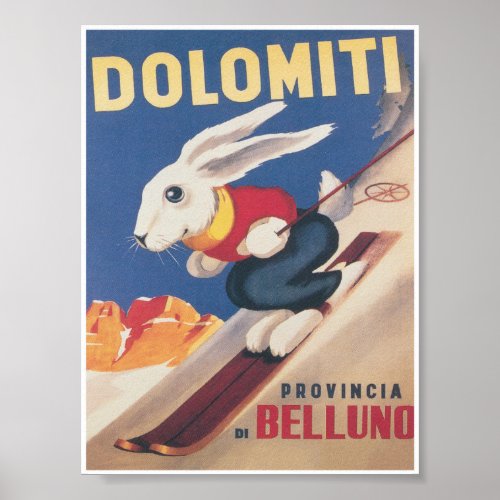 Dolomiti Italy Ski Bunny Vintage Travel Poster