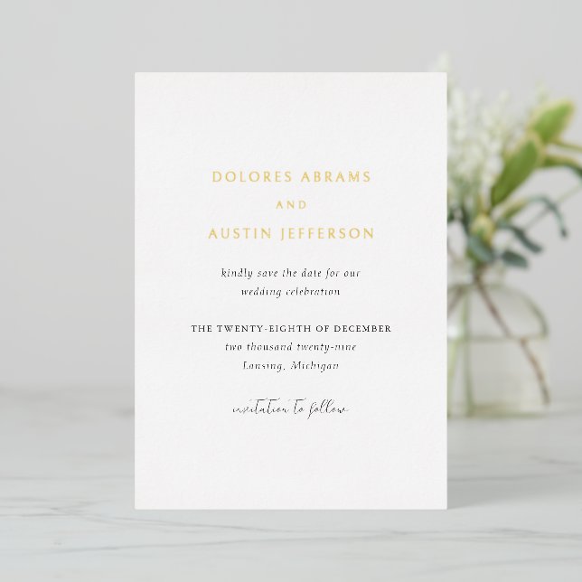 Dolores Classic Elegant Wedding Save the Date Foil Invitation (Standing Front)