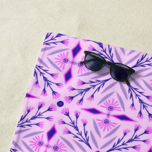 Dolores Hand Drawn Tiles Pattern Pink Purple Beach Towel