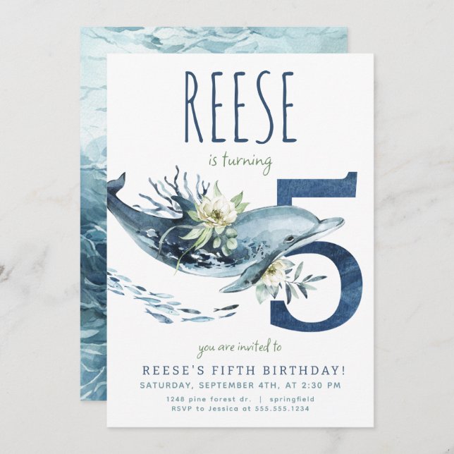 Dolphin 5th Birthday Invitation (Front/Back)