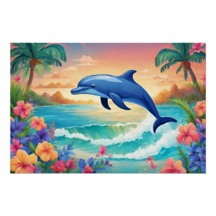 Dolphin and Beautiful Tropical Island, Hibiscus Poster