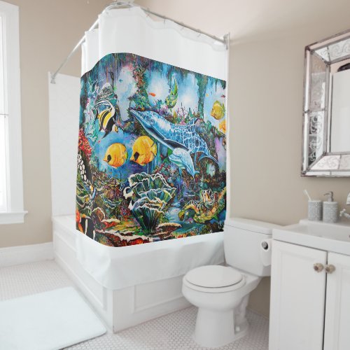 Dolphin and Fish Swim Near Reef Shower Curtain