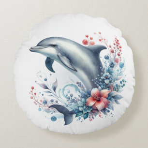Dolphin and Flowers Round Pillow