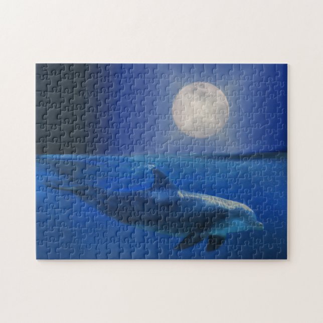 Dolphin and Full Moon Fantasy Jigsaw Puzzle (Horizontal)