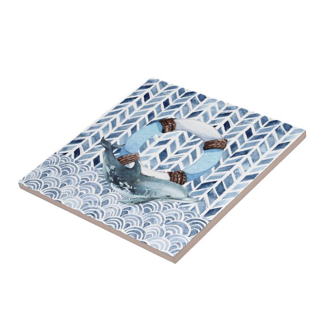 Dolphin and lifebuoy on maritime pattern  ceramic tile (Side)