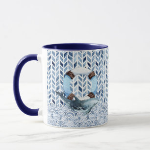 Dolphin and lifebuoy on maritime pattern mug
