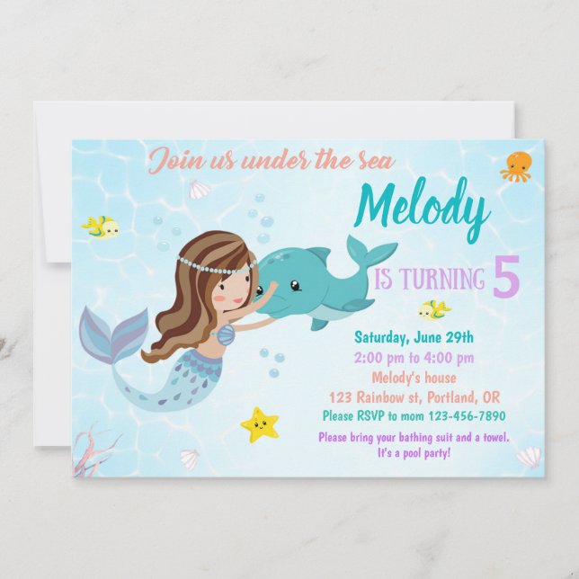 Dolphin and Mermaid birthday invitation Under sea (Front)