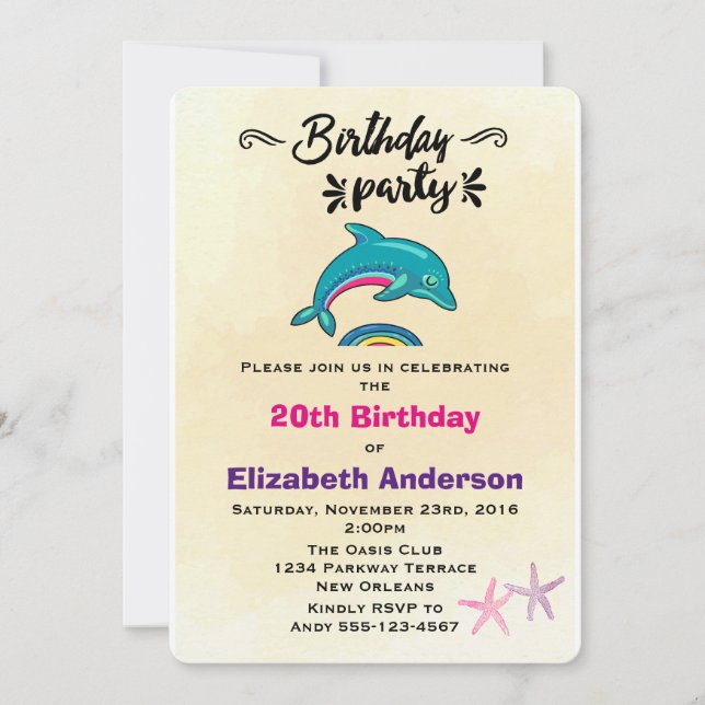 Dolphin and Starfish Tropical Themed Birthday Invitation (Front)