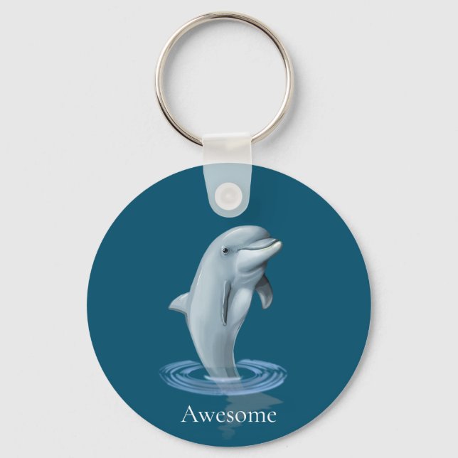 Dolphin and Text on Ocean Blue Keychain (Front)