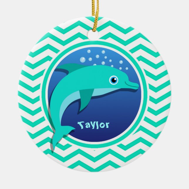 Dolphin; Aqua Green Chevron Ceramic Ornament (Front)
