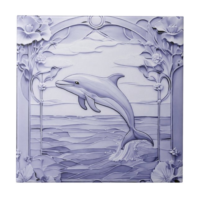 Dolphin Art Nouveau Faux Relief Blue & White Left Ceramic Tile (Front)