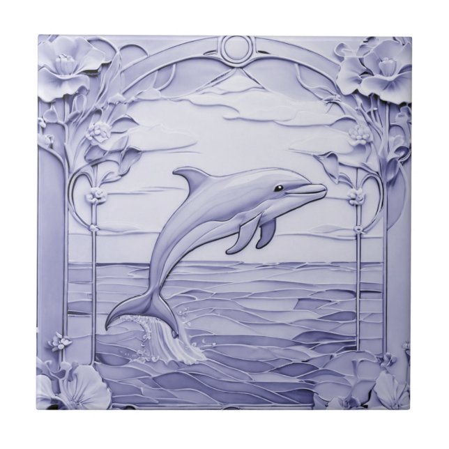 Dolphin Art Nouveau Faux Relief Blue & White Right Ceramic Tile (Front)