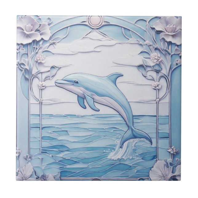 Dolphin Art Nouveau Faux Relief Light Blue Left Ceramic Tile (Front)